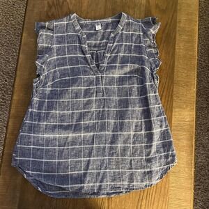 Cotton linen, BoHo sleeveless ruffle plaid fisherman top